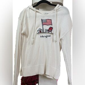 Life is Good, patriotic, White Hoodie with Flag and Chair Design, NWOT size Sm